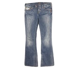 Y2K Silver Jeans Low Rise Boot Cut Size 29 Distressed Patina Brass Buttons Retro